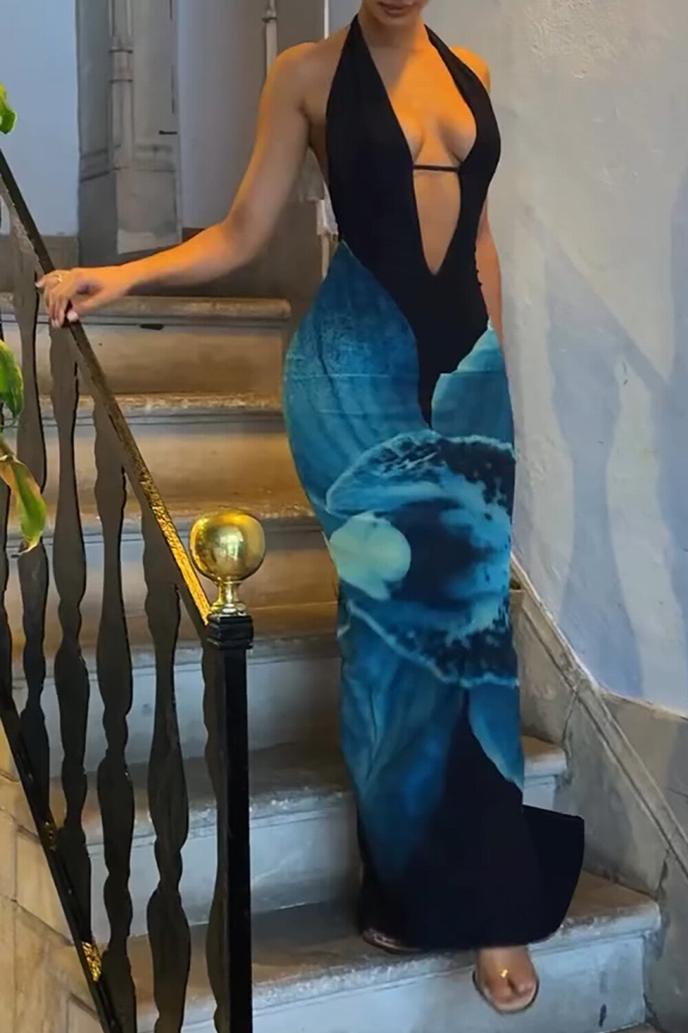 Plunge Neck Floral Print Bodycon Halter Slit Maxi Dresses - Blue