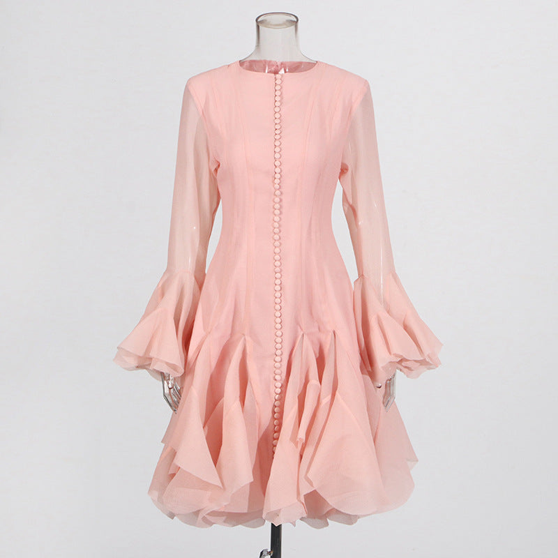 Round neck splicing ruffled mid-length skirt trumpet sleeve mid-length dress