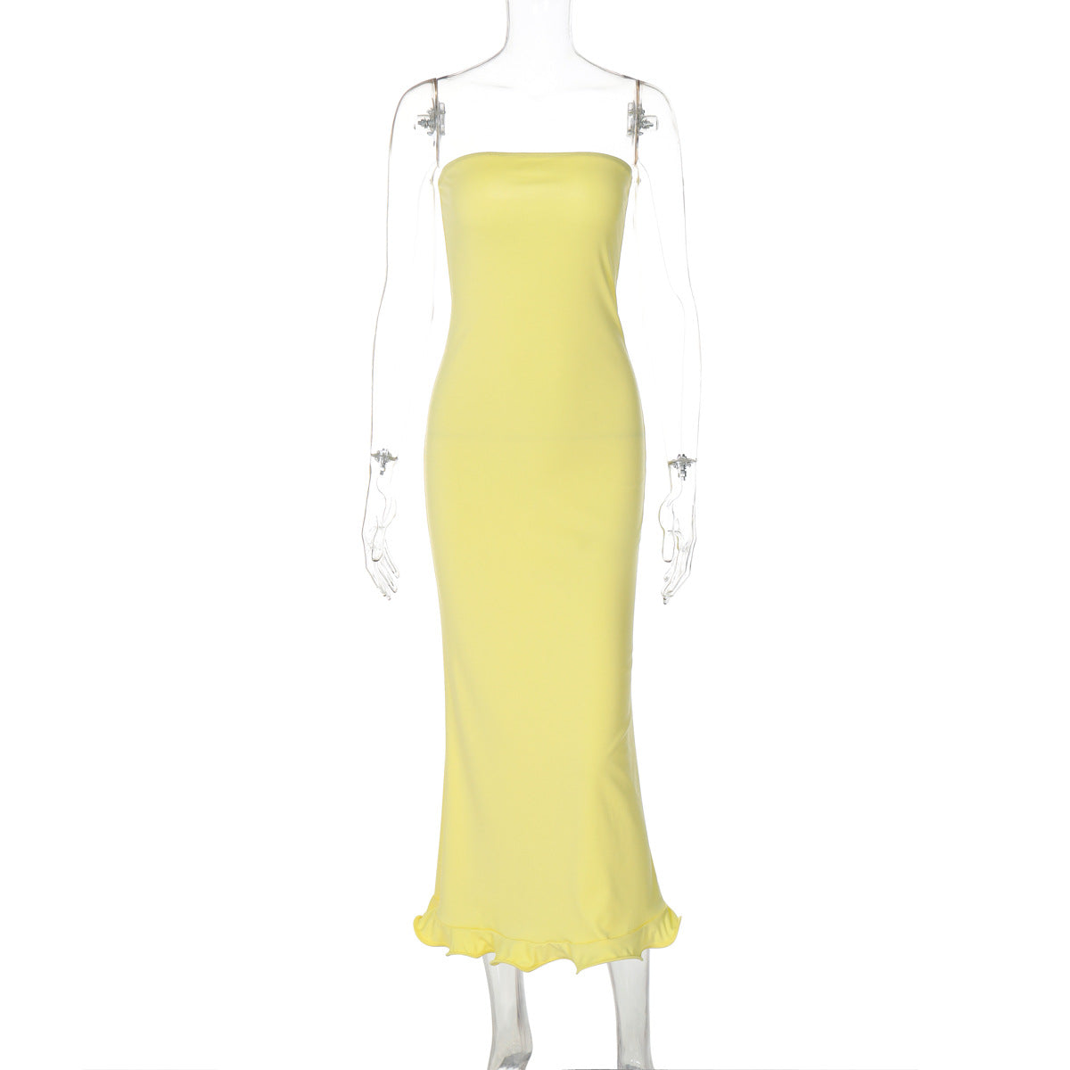 Solid color sexy strapless long, slim fit, big wave skirt hem dress