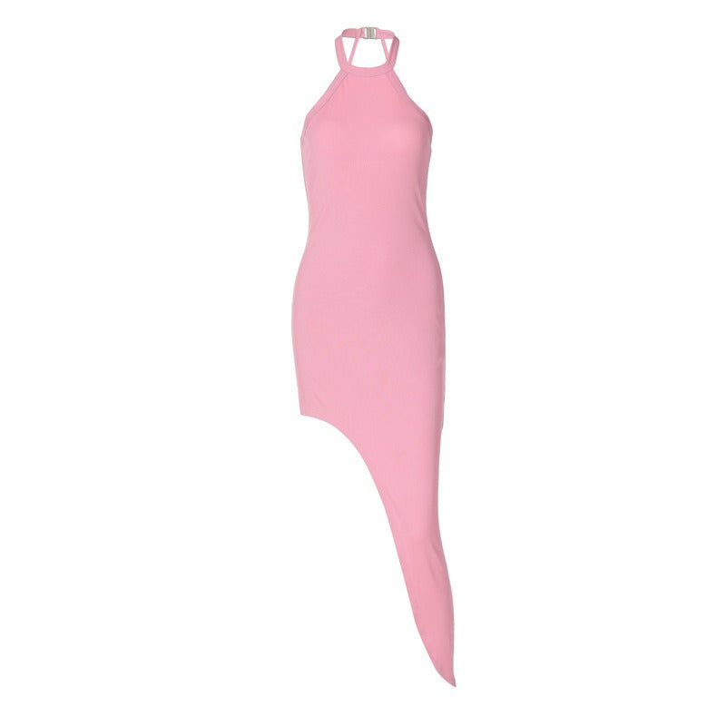 sexy backless split neck sleeveless dress with hanging neck