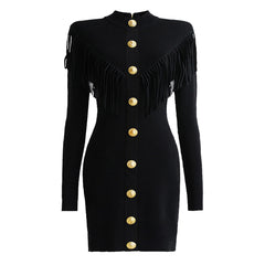Spring and Autumn High Quality Knitted V-neck Tassel Slimming Long Sleeve Dress