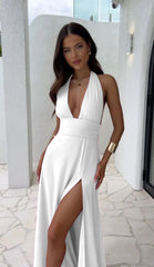 Hanging Neck Split Lace Solid Color Dress