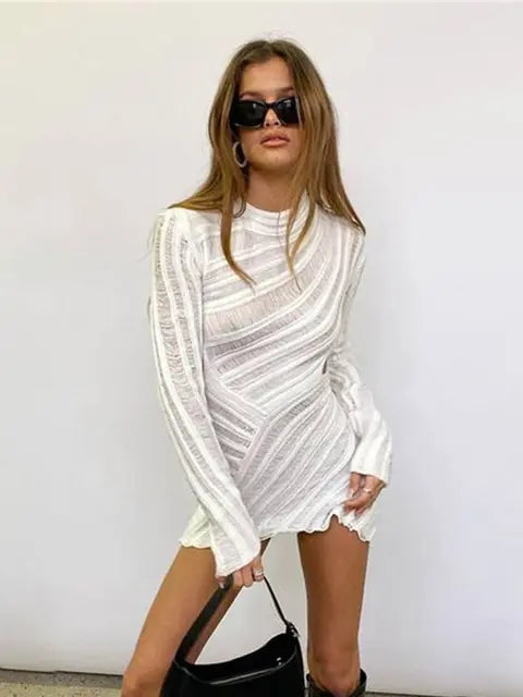 Hollow Out Long Sleeve Knitted Mini Dress Women Sexy White Bodycon Slim Dresses Autumn Female Streetwear Dresses