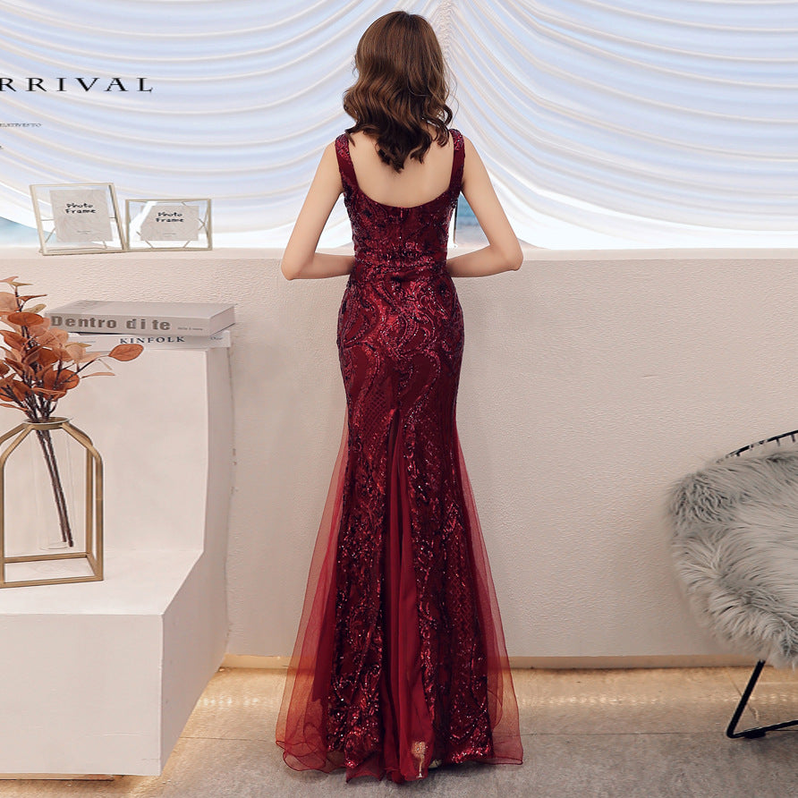 Toast Dress Red Bridal Fishtail Long Dress Sequin Sling Evening Dress Banquet