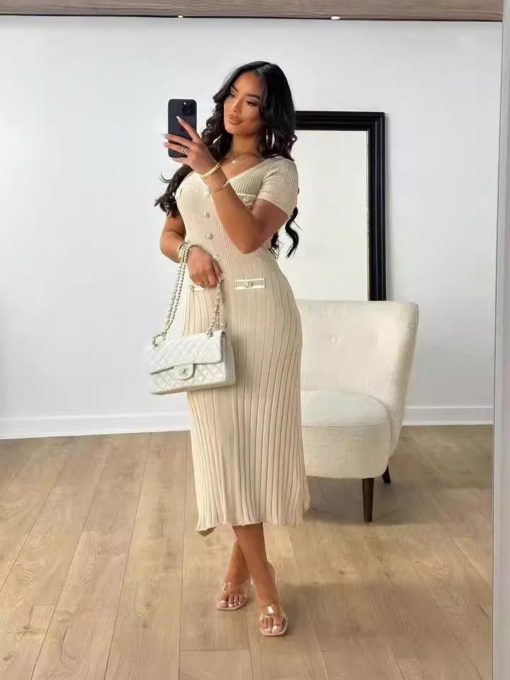 European and American sexy slim fit dress short sleeved V-neck slit dress