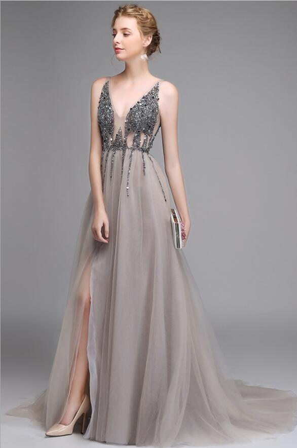 Sexy Side Split Prom Dresses Deep V-Neck Backless Beads Crystal Party Gowns Sleeveless Sweep Train Cheap Tulle Party Dress