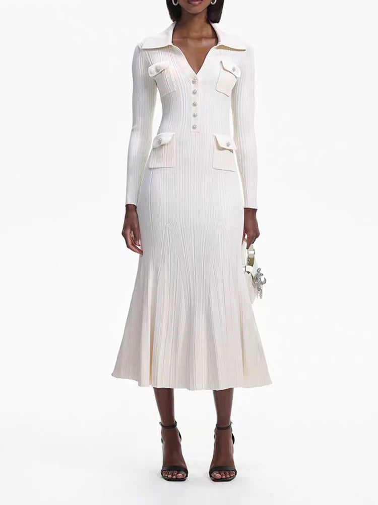 Ivory fishtail maxi dress delicate and elegant ribbed knit long sleeve stretch slim wrap Womens dresses spring new