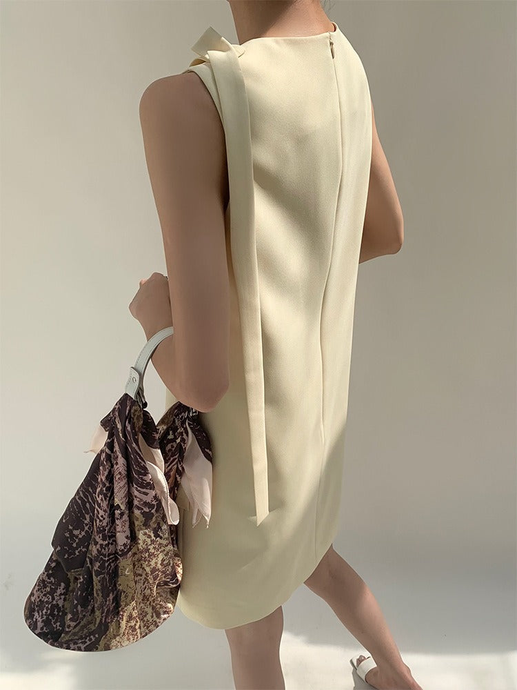 French style small fragrance A-line skirt floral heavy industry nail bead round neck ribbon dress sleeveless