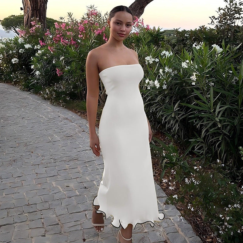 Solid color sexy strapless long, slim fit, big wave skirt hem dress
