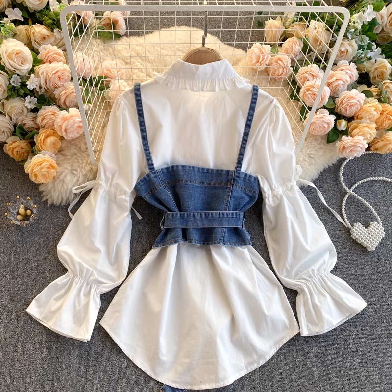 Retro Blouses Women's puff sleeve loose all-match denim camisole stacked two-piece suit