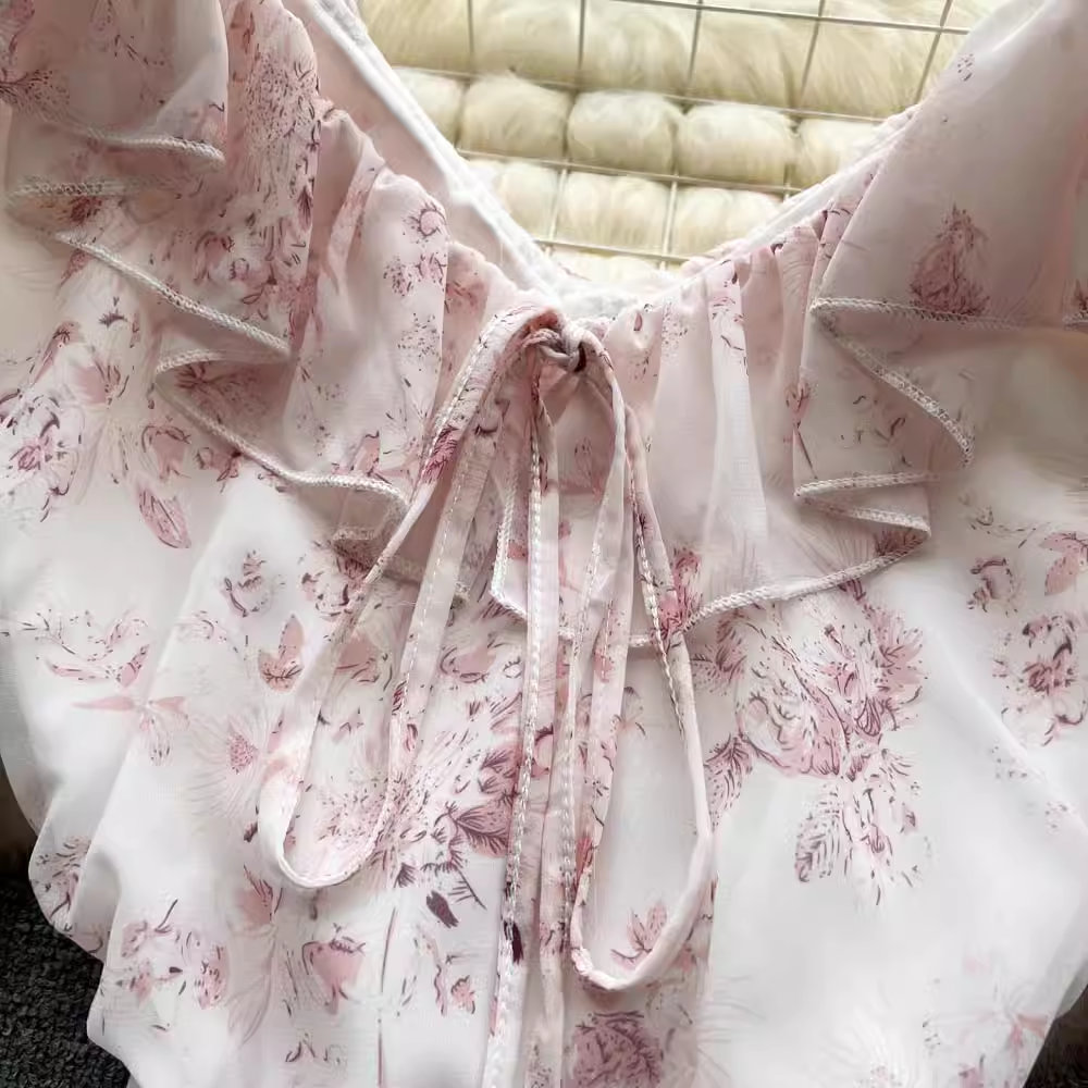 Pink Floral Fairy Dress Summer New Chiffon V-neck Wrap Dress