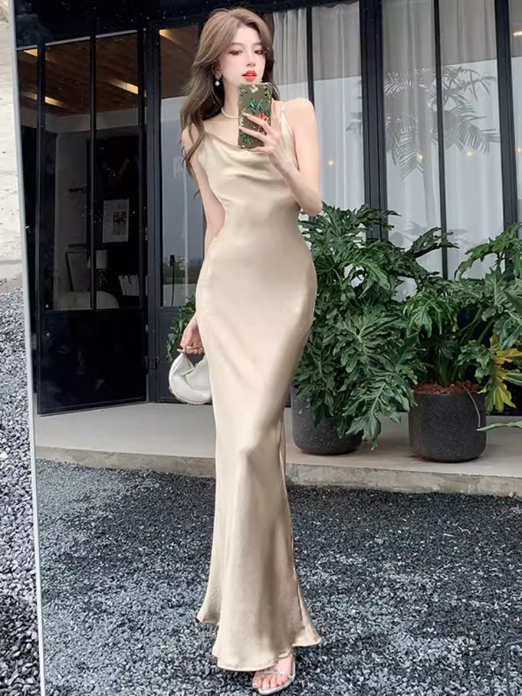 Champagne Satin Spaghetti Straps Dress