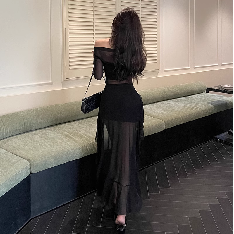 Black off the shoulder see-through dress