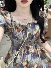 Oil painting girl's floral long dress Women's summer
