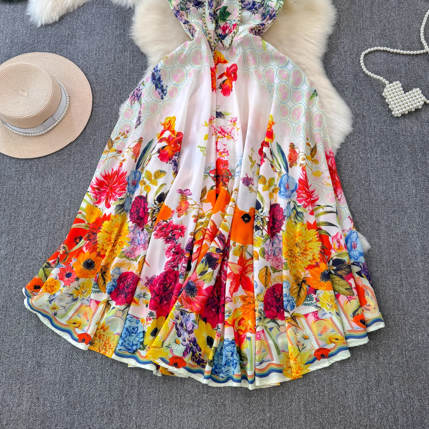 Colorful floral suspender seaside vacation dress