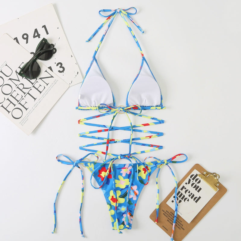 Floral Hollow Out Cross String Bikini Swimsuit Set