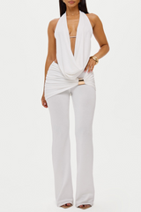 Halter Cowl Neckline Top Ruched Overlay Flared Leg Pants Set - White Pre Order