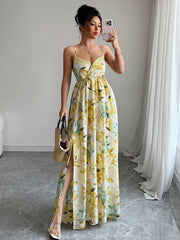 elegant suspender printed long dress
