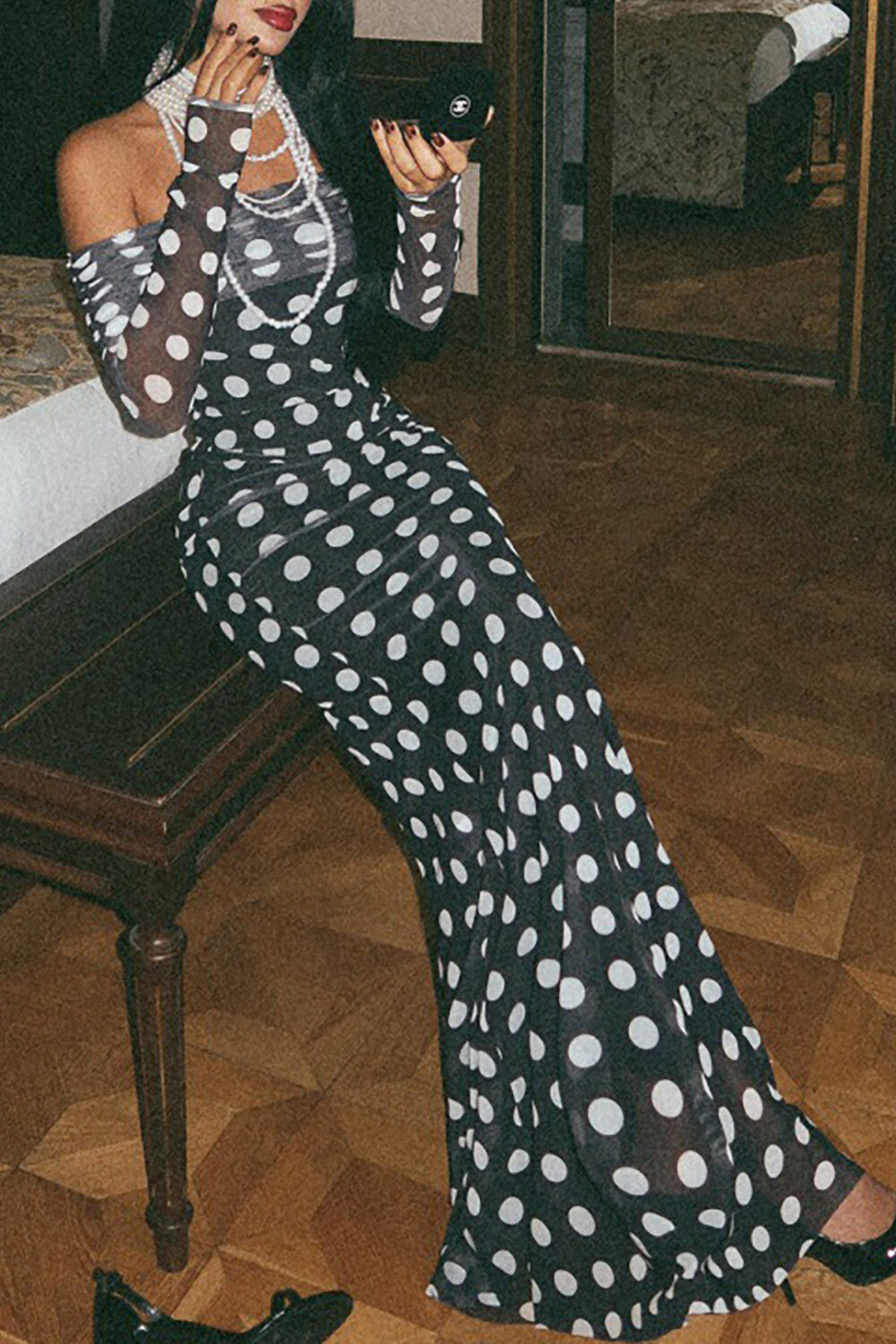 Polka Dot Print Off Shoulder Long Sleeve Bodycon Maxi Dresses - Black