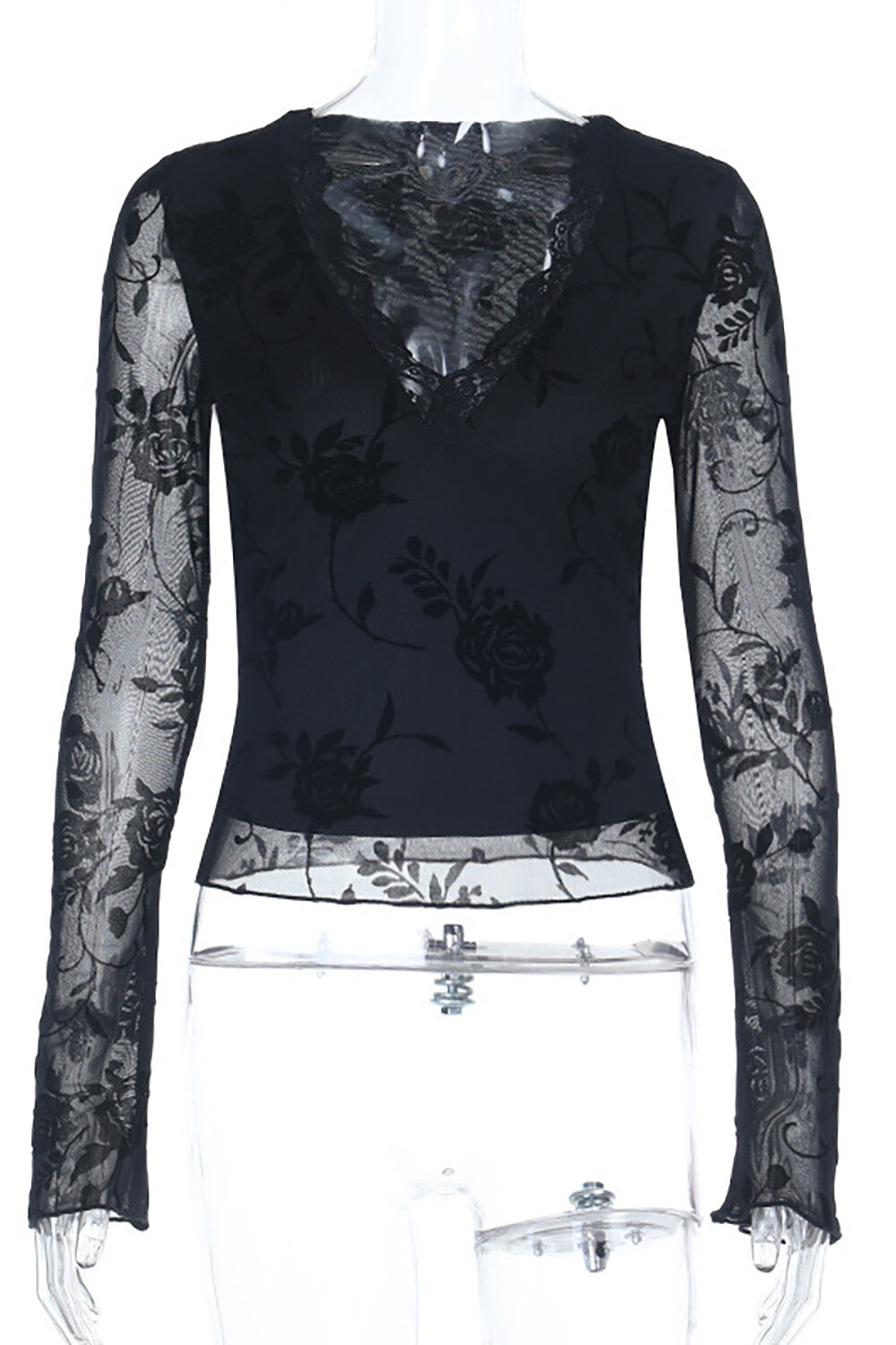 Lace Trim V Neckline Long Sleeve Floral Pattern Slim Fit Top - Black