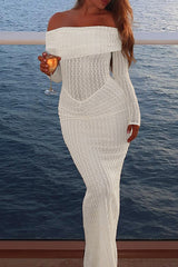 Off Shoulder Boat Neck Long Sleeve Bodycon Textured Maxi Dresses - OffWhite