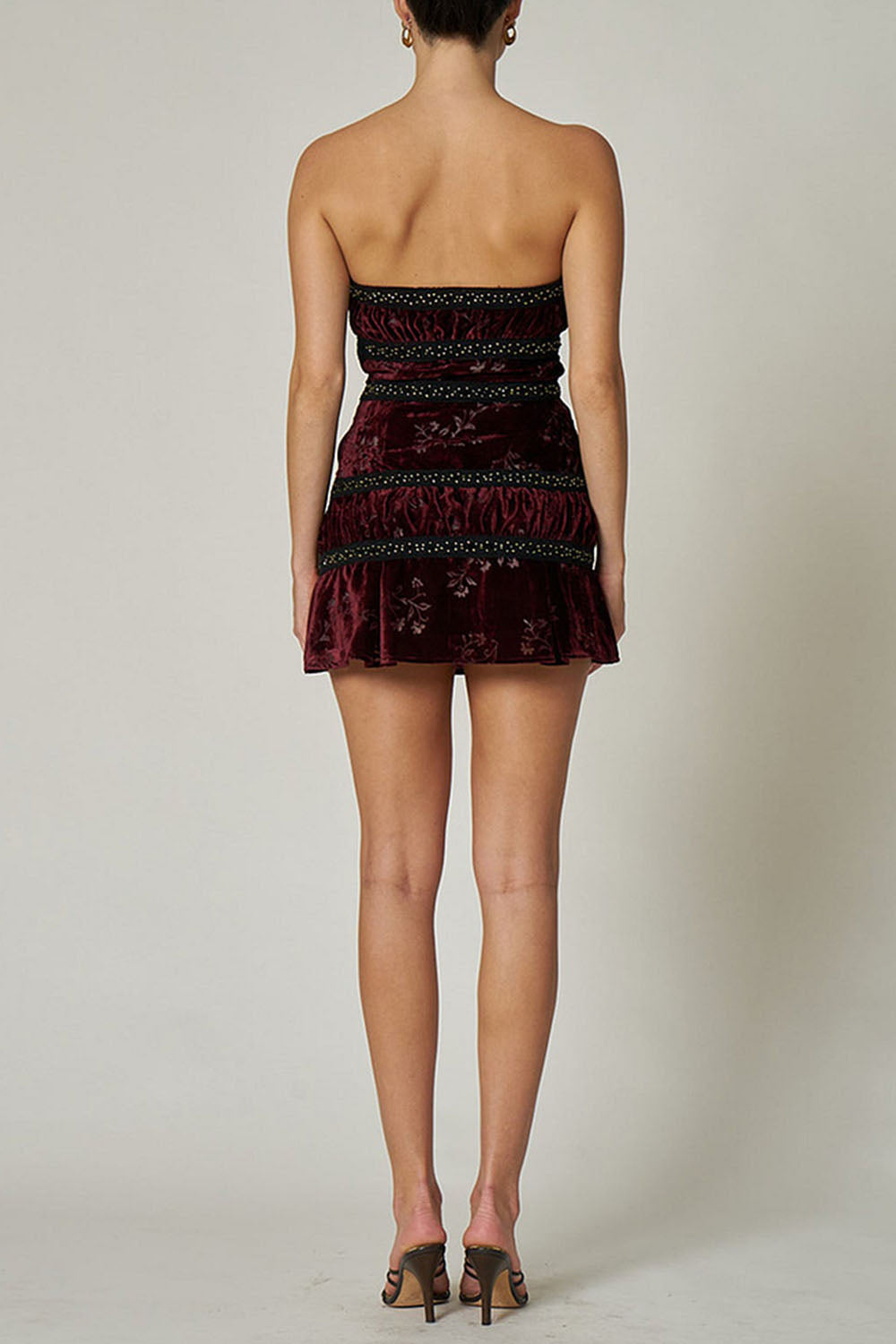 Floral Pattern Boat Neck Slim Fit Velvet Mini Tube Dresses - Burgundy