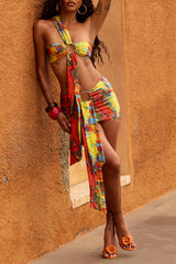 Multicolor Print One Shoulder Sash Crop Top Mini Skirt Set - Yellow Pre Order