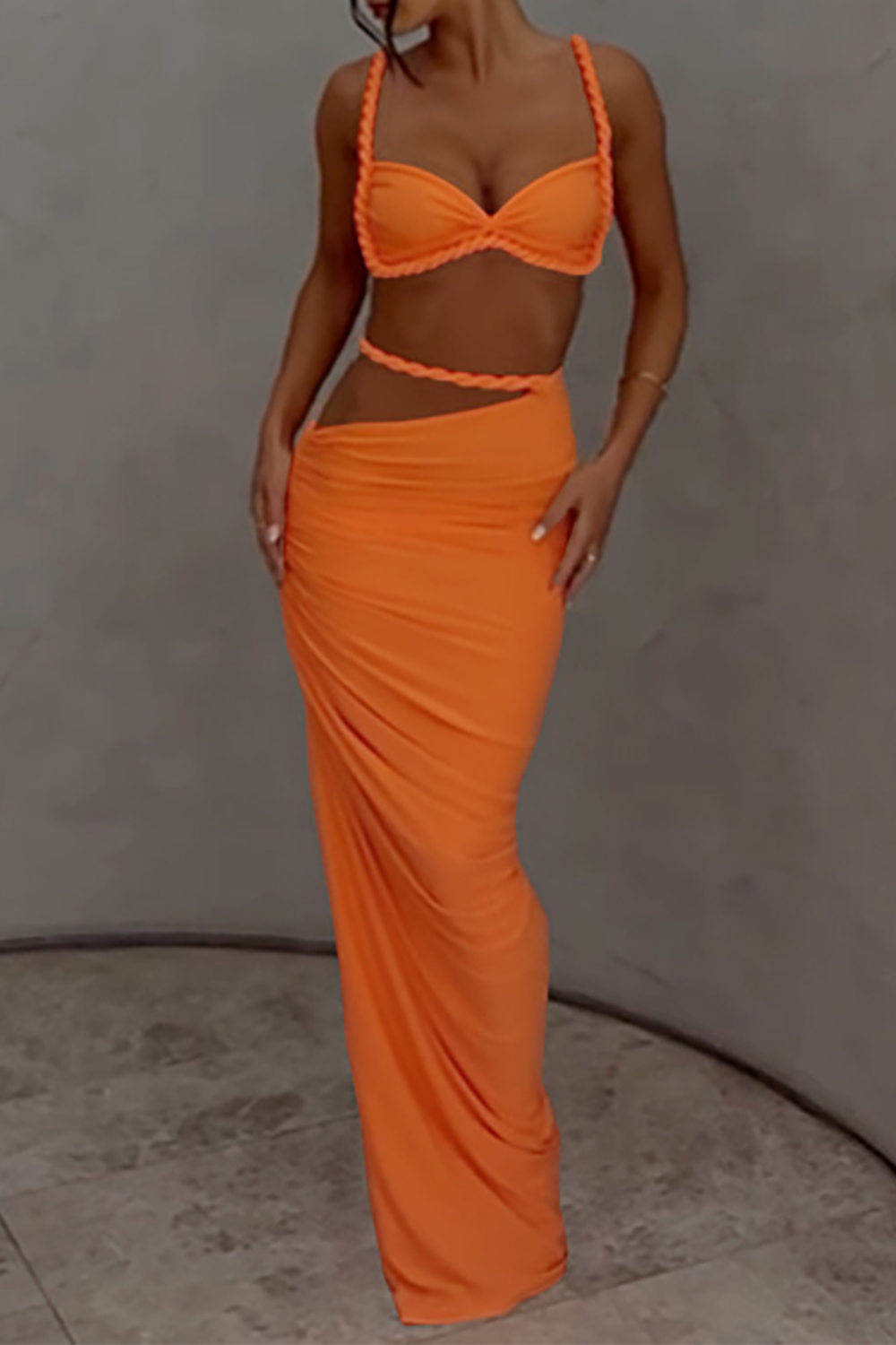 Braided Crop Cami Cutout Ruched Bodycon Maxi Skirt 2pcs Set - Orange