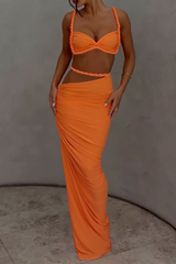 Braided Crop Cami Cutout Ruched Bodycon Maxi Skirt 2pcs Set - Orange