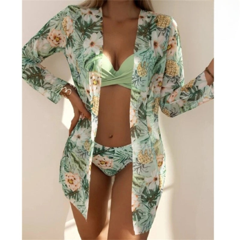 Mehrfarbiger dreiteiliger bedruckter Cover-Up-Bikini für Damen