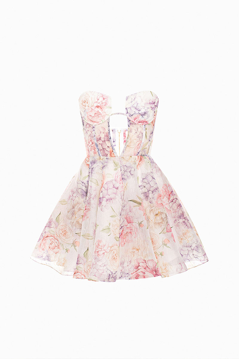 Floral Print Strapless Cutout Corset Design Mini Dresses - Purple