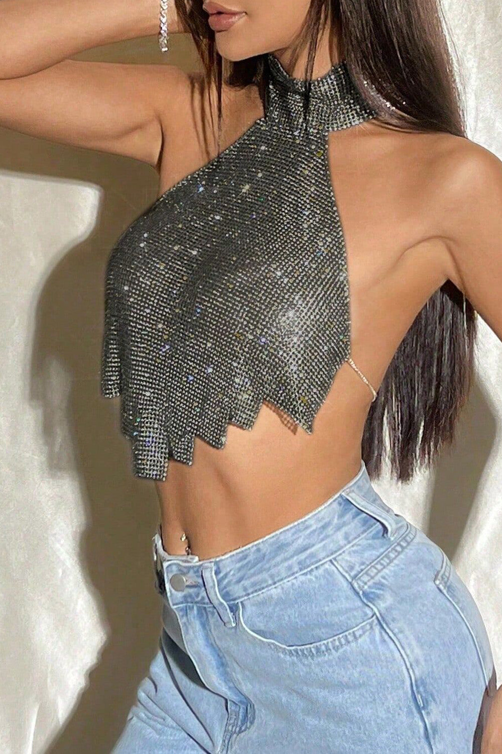 Sparkling Rhinestone High Collar Sleeveless Irregular Crop Top - Silver