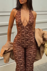Deep V Neck Halter Paisley Pattern Lace Capri Jumpsuit - Brown Pre Order