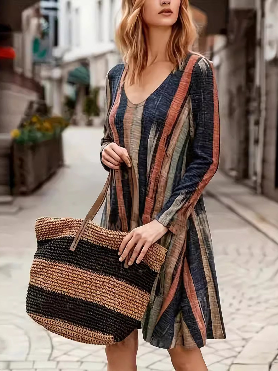 Vestido mini de manga larga con rayas en contraste de tamaño completo