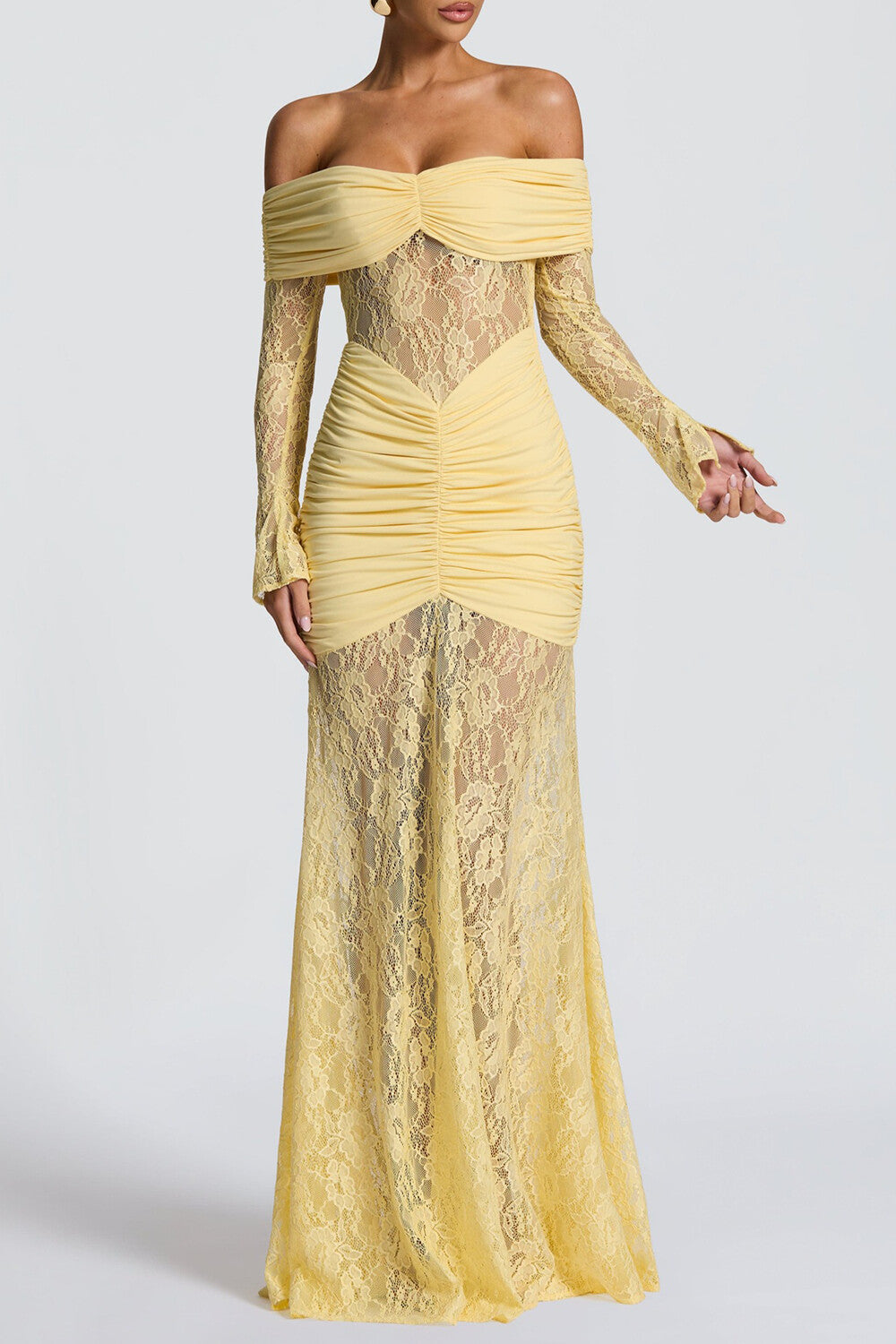 Jacquard Lace Patchwork Off Shoulder Long Sleeve Ruched Maxi Dresses - Yellow