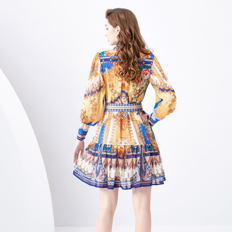 Palace style lapel lantern sleeve wavy edge short mini retro printed dress