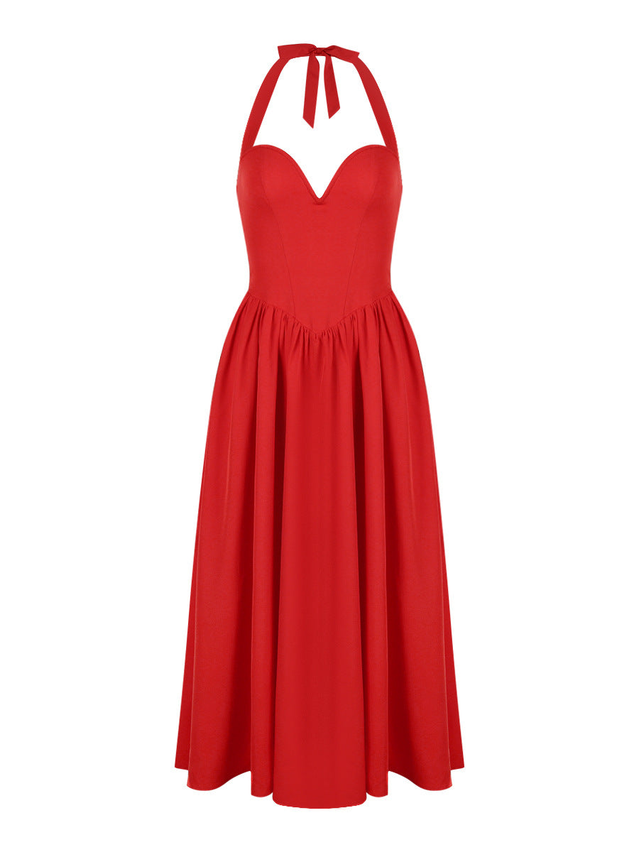 European and American women's clothing in spring, high-end and sexy, deep V-neck hanging, backless, red mid length skirt, spring women's dress, women's dress