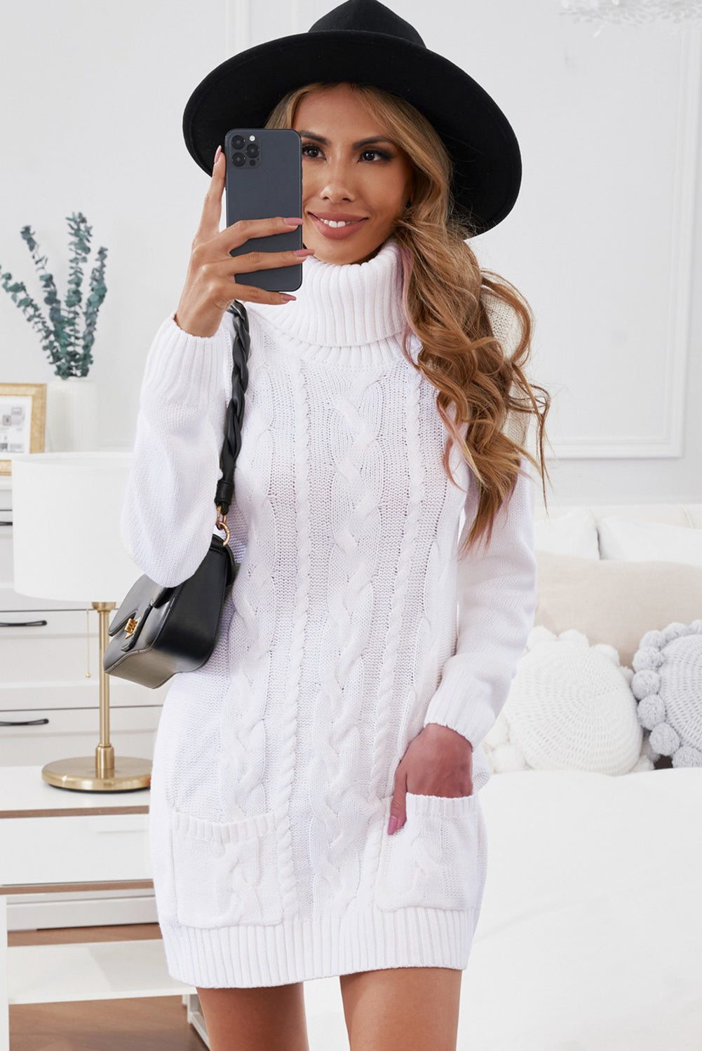 Olive Cowl Neck Cable Knit Sweater Dress