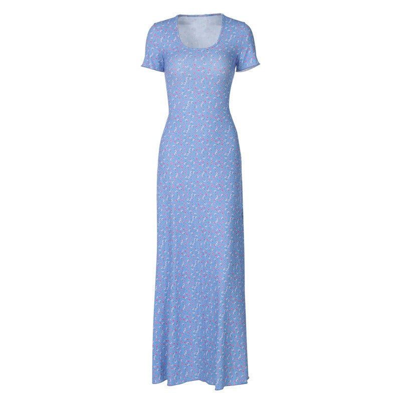 printed U-neck back strap short sleeved dress
