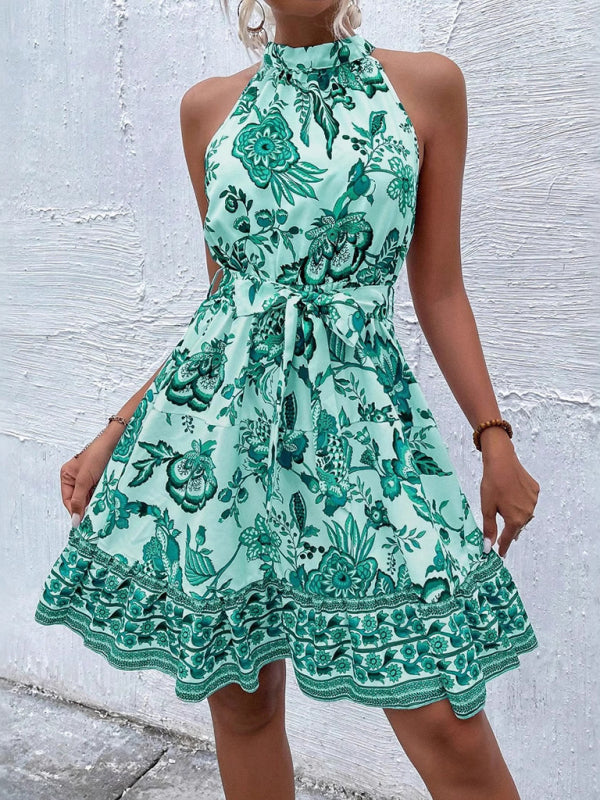 floral waist halter neck dress
