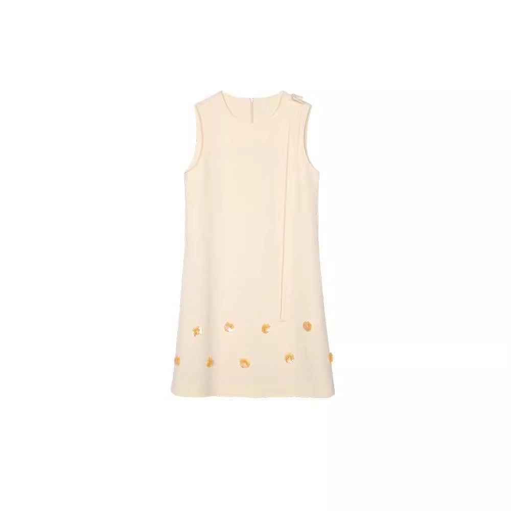 French style small fragrance A-line skirt floral heavy industry nail bead round neck ribbon dress sleeveless