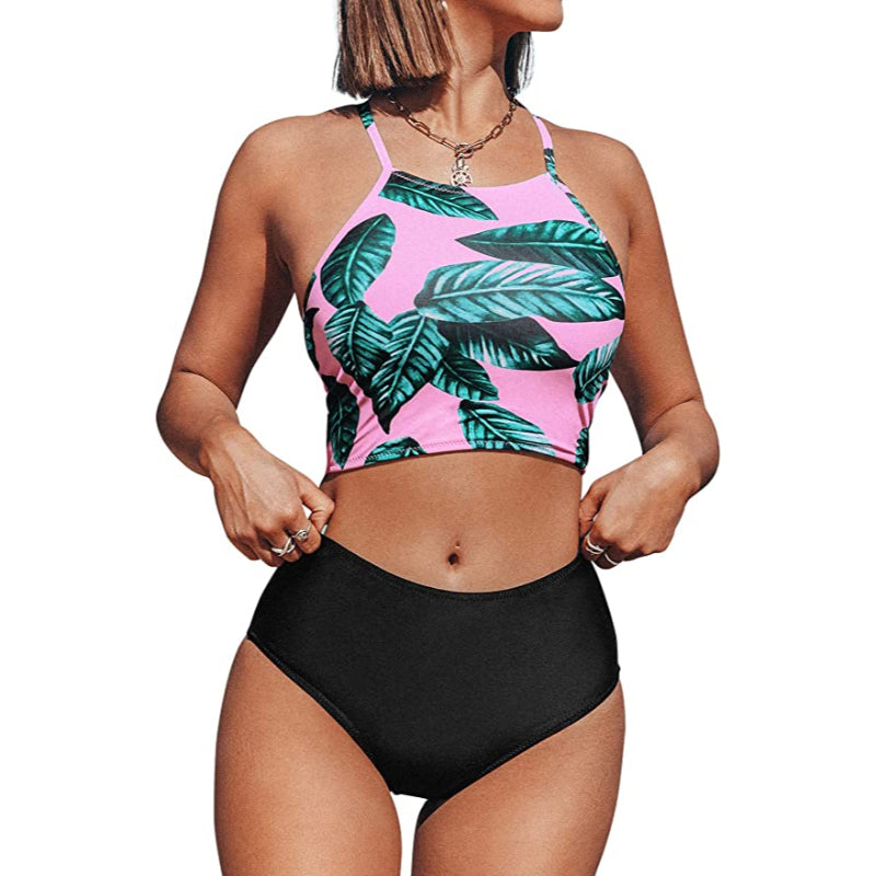 Women's Leaves Printing High-Waisted Halter Swimwear Beach Bikini