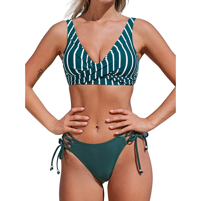 Damen-Bikini mit V-Ausschnitt, überkreuztem Oberteil und Schnürung, Monstera Twist