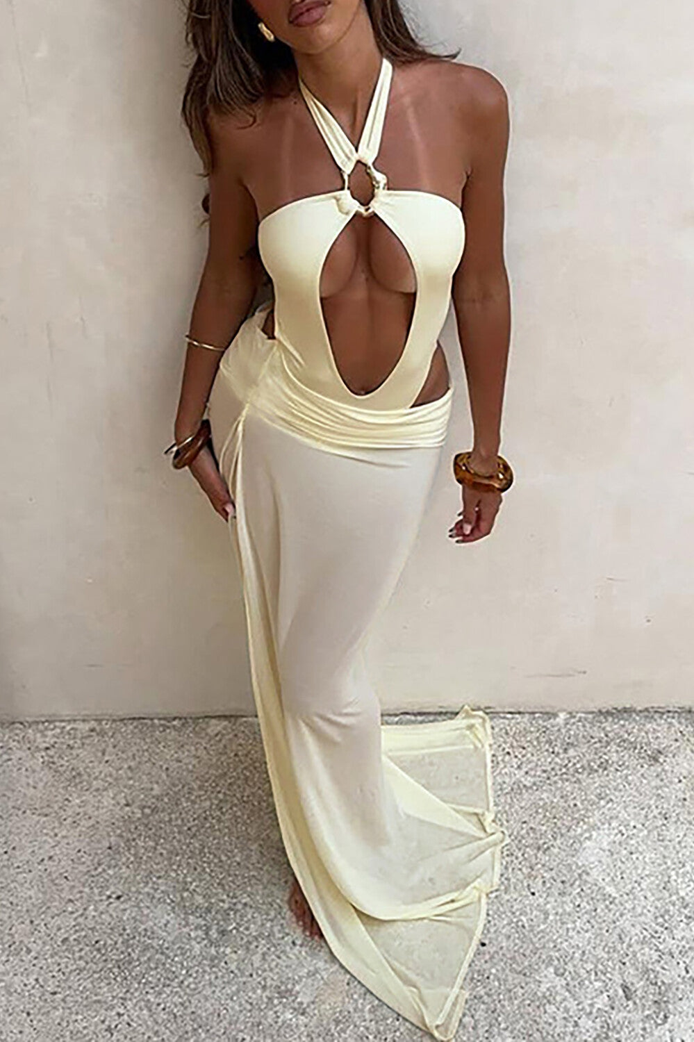 Halter Neck Cutout Bodysuit Semi Sheer Maxi Skirt 2pcs Set - Blue
