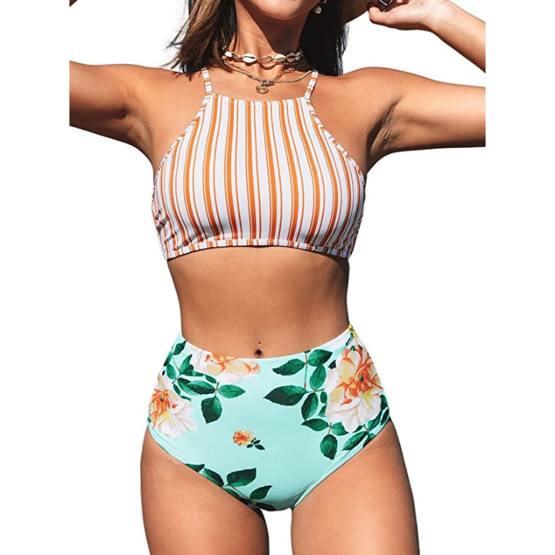 Women's Leaves Printing High-Waisted Halter Swimwear Beach Bikini