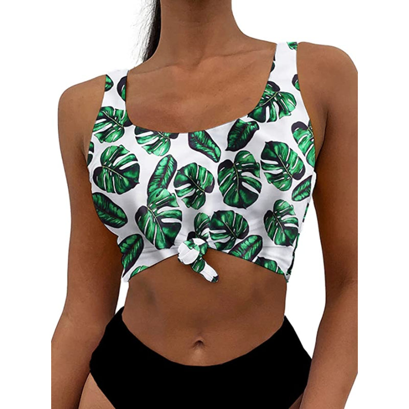 Scoop Neck Tropical Leaf Knotted Swimsuit