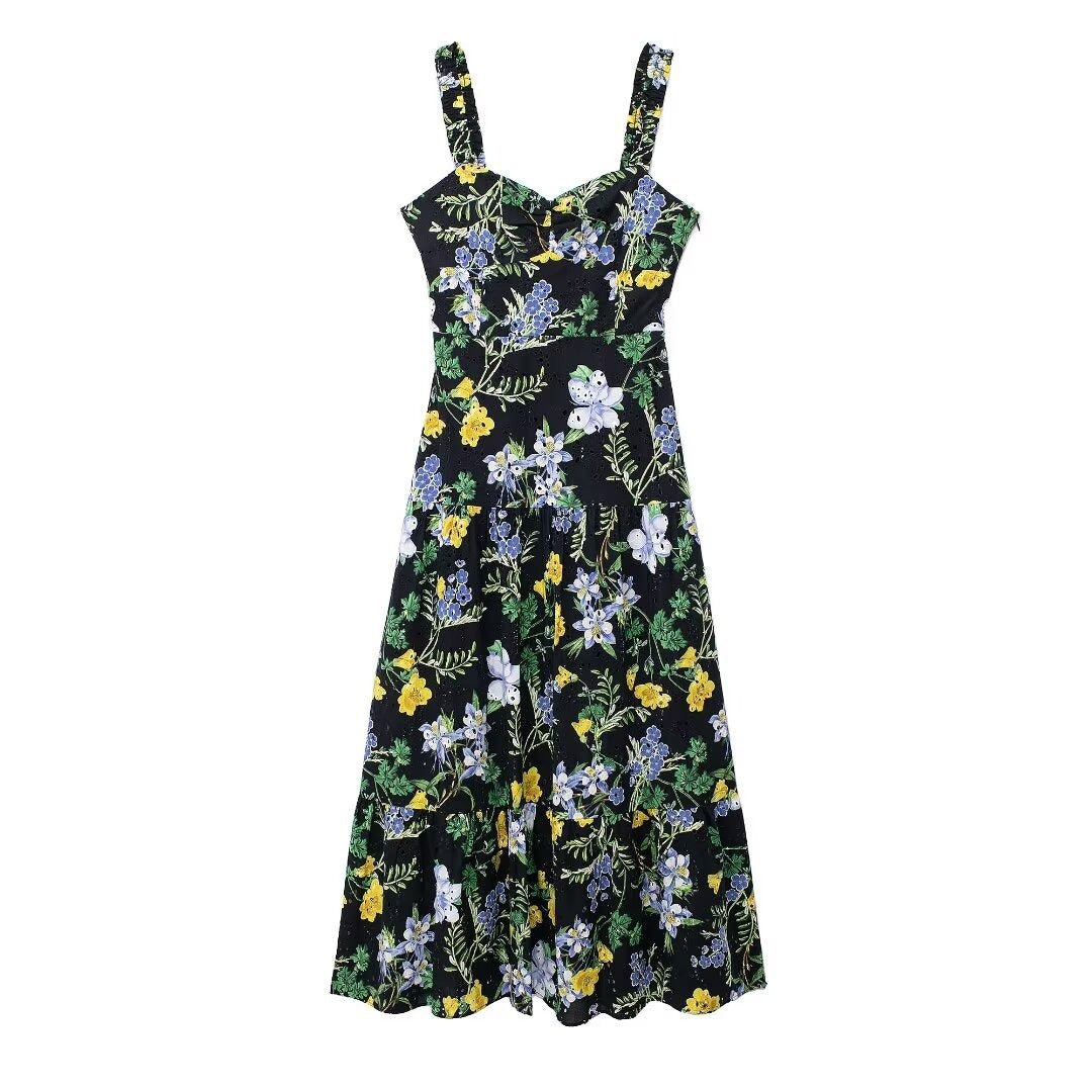 backless hollow y printed camisole MIDI dress
