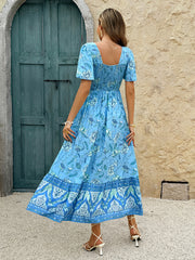 Holiday Light Blue Floral Print A-Line Maxi Dress
