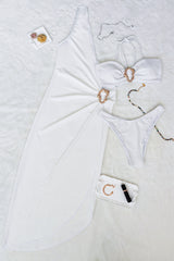 One Shoulder High Slit Midi Dress Metal Decor Strapless Bikini 3pcs Set - White