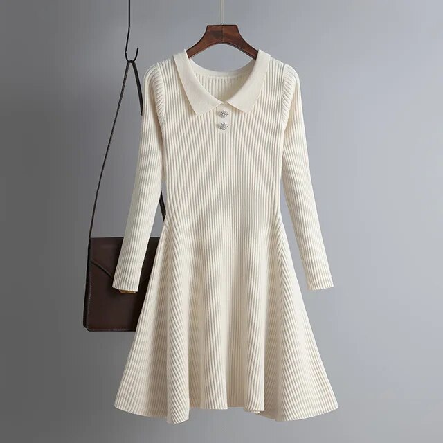 Long Sleeved High Waisted Short Knitted Dress Women Solid High Collar Sweater A-line Dresses Autumn Chic Female Street